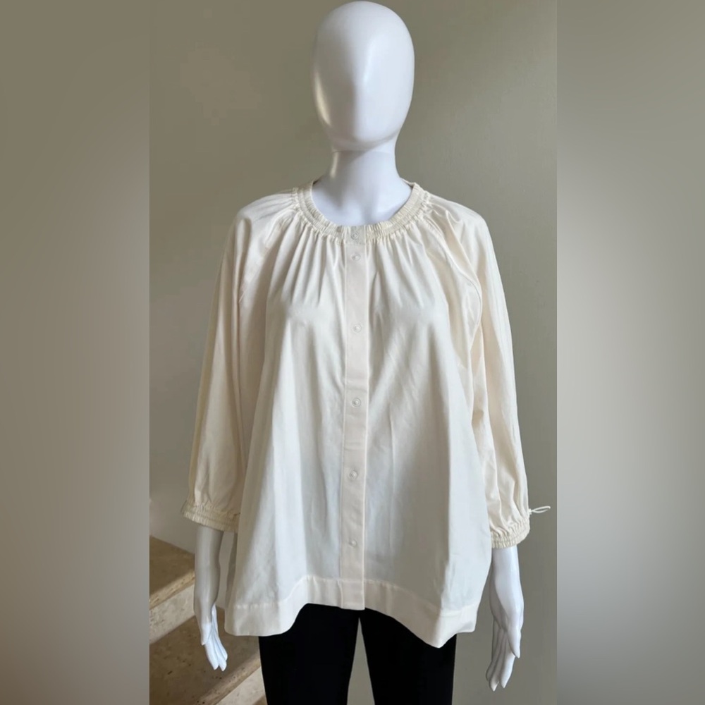 COS Button Up 3/4 Sleeve Jersey Top Blouse, Ivory, Size Large